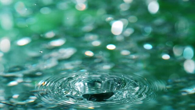 Macro close-up of a falling water drop creating a splash and ripples on a clear water surface. High-speed capture revealing fluid motion, transparency, and intricate details.
