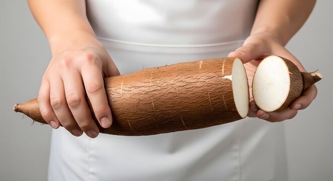 Fresh raw cassava root sliced by hands in a kitchen for healthy food prep