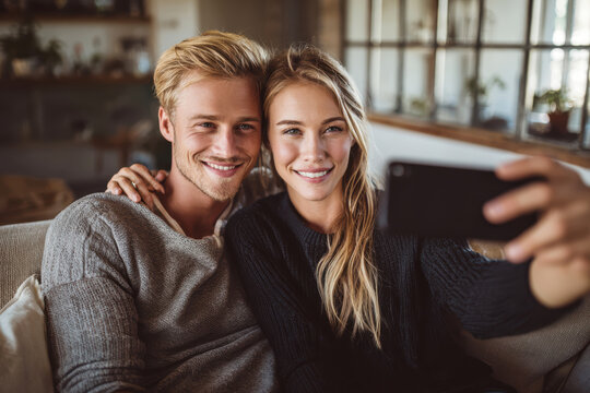 Happy Young Couple Taking Smartphone Selfie at Home .AI Generative