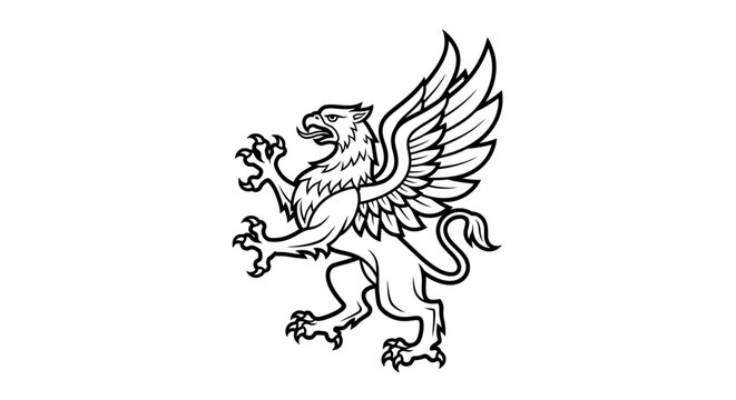 Majestic mythical griffin creature illustration, a powerful fantasy beast with eagle wings and lion body, heraldic design art.