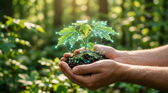 Hands holding a small plant with fresh green leaves.