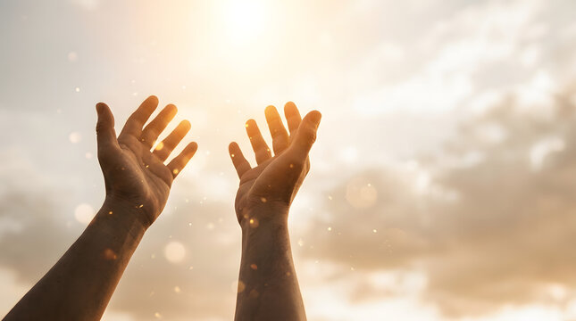 Hands reaching up towards a bright, hopeful light in a cloudy sky, symbolizing prayer or spiritual connection.