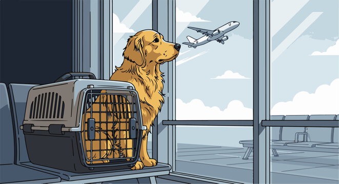 A golden retriever looks out an airport window at a plane