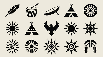 Native american symbols feather drum canoe eagle teepee sun circle graphic icons. © SabitaRani