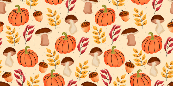 Autumn watercolor mushroom and cute leaves form a seamless bg pattern with chanterelle and adorable print details. This botanical forest vector design features cozy fungi like agaric mushrooms.