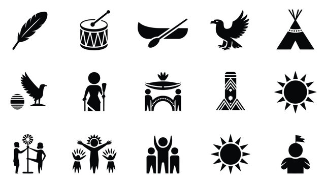 Native american cultural elements icons feather drum canoe eagle teepee sun circle.