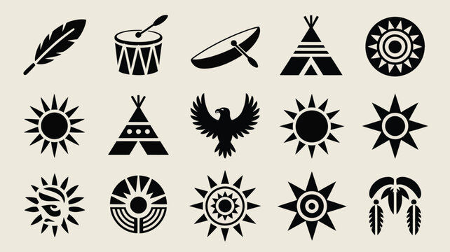 Native american symbols feather drum canoe eagle teepee sun circle graphic icons.