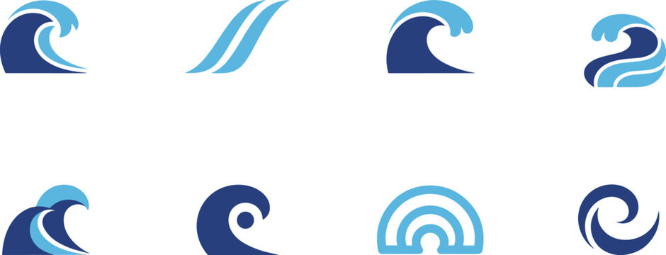 Wave icon vector illustration set with eight stylized blue designs representing ocean, water, and abstract wave patterns