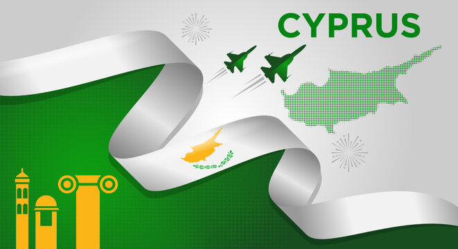 Cyprus National Day Background with Waving Flag Ribbon, Map and Skyline Vector Illustration