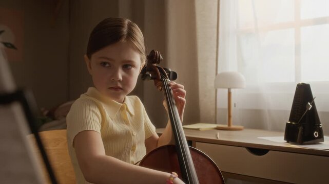 Handheld shot of Caucasian child girl practicing cello at home desk with metronome, looking at sheet music. Footage is perfect for music school promos and childhood education marketing