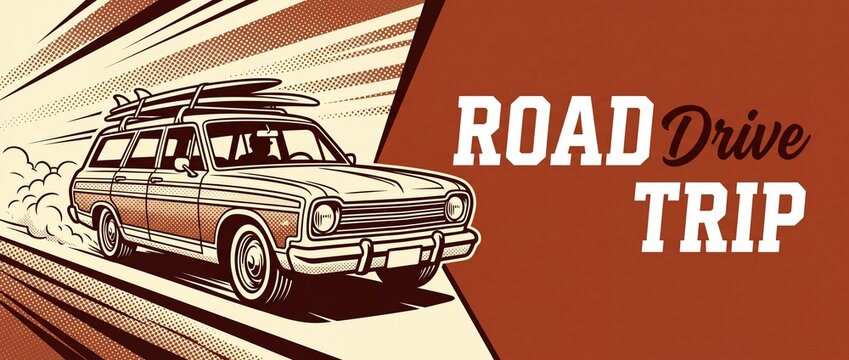 Vintage station wagon road trip retro pop art illustration depicting classic family car driving fast with surfboards on roof rack for summer beach vacation adventure background banner graphic art.