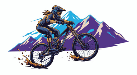Fototapeta premium Downhill cyclist with helmet speeds through muddy terrain before purple mountains