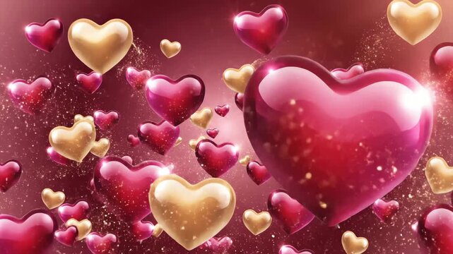 A romantic scene of numerous shiny hearts floating in the air with a large pink heart prominently displayed.