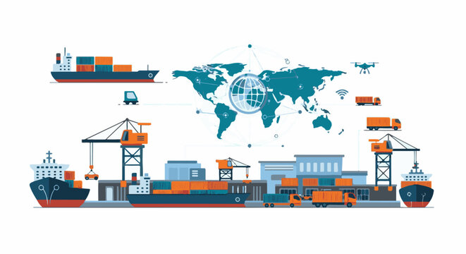 Global shipping and logistics network illustration with ships, trucks, and drones