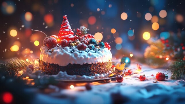A delightful festive Christmas cake adorned with berries and festive decorations, perfect for holiday celebrations and family gatherings.