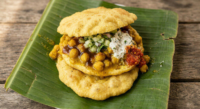 Trinidadian doubles with chickpeas and chutney on banana leaf
