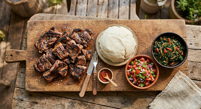 Kenyan nyama choma with ugali and kachumbari salad