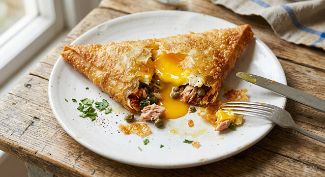 Tunisian brik on a plate with runny egg yolk