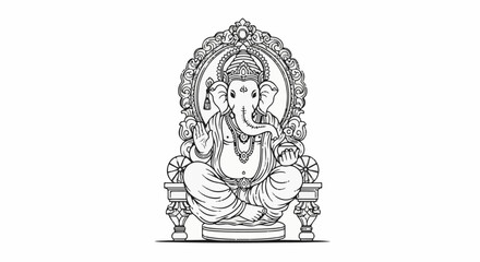 Obraz premium Ornate outline drawing of a seated elephant deity holding a bowl and a blessing gesture
