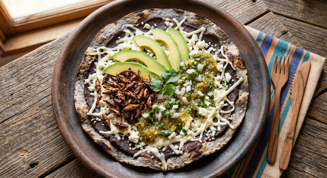 Oaxacan tlayuda with avocado cheese and salsa on clay plate