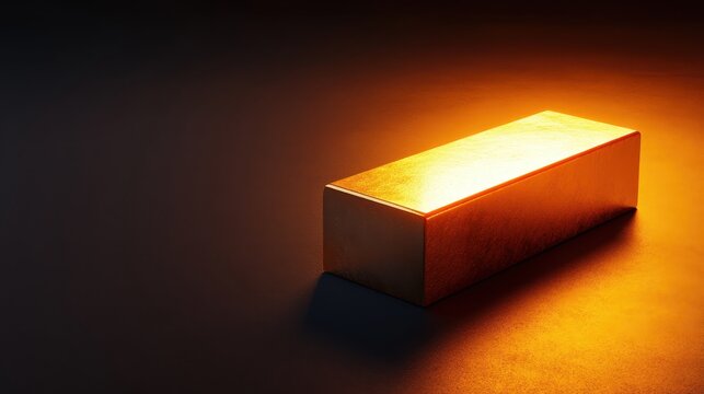 A single gleaming gold bar resting on a textured surface with dramatic lighting
