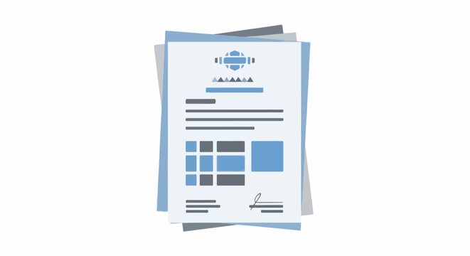 Stacked documents with a stylized logo and signature