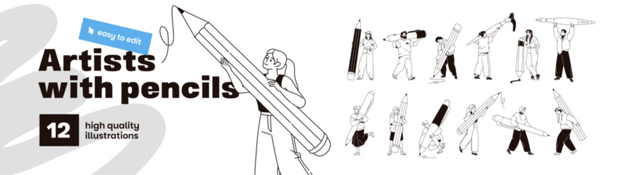 Outline set of tiny people holding different stationery. Artists with big pens and pencils. Characters are drawing, painting and writing with supplies. Flat isolated vector illustrations on white