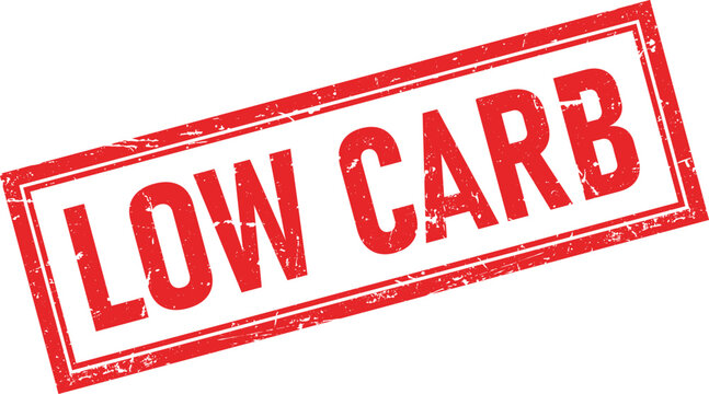 Grunge red rubber stamp impression with the text LOW CARB in bold white font