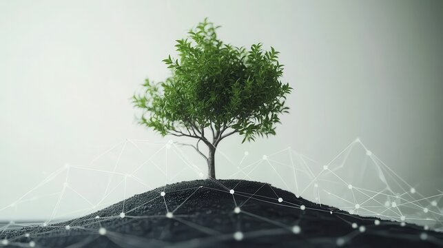 A healthy green tree sprouts from dark soil adorned with a digital network, symbolizing financial and economic growth.