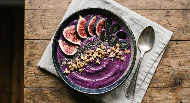 Purple smoothie bowl with figs grapes and walnuts