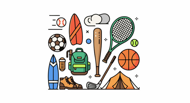 Sports and outdoor adventure equipment flat design icons collection