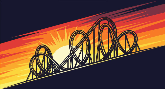 Stylized roller coaster against a vibrant sunset with jagged rays of light