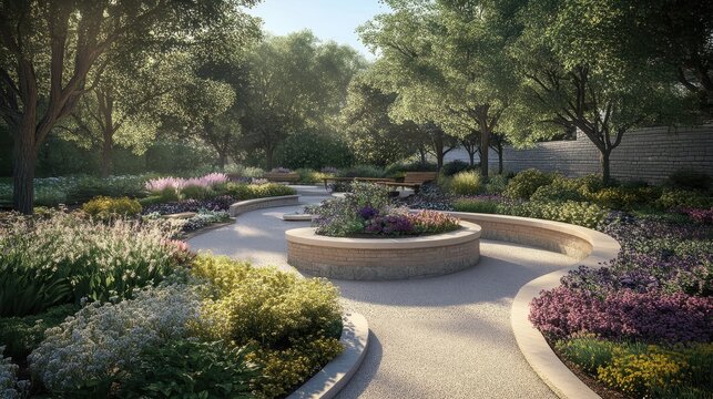 A Lush Community Garden Featuring Winding Paths and Abundant Greenery Under Bright Sunlight
