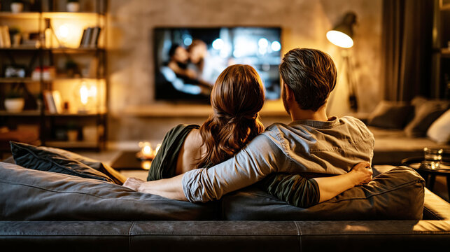Cozy Couple Watching TV at Home &ndash; Generative AI