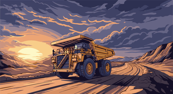 Yellow mining truck travels on dirt road during sunset with dramatic clouds