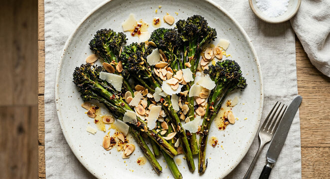 Charred broccolini on plate with chili lemon dressing