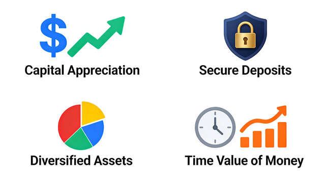 The growth of the US dollar, security lock, asset pie chart, and clock curve represent the diversified time value of appreciation, suitable for wealth management and investment platforms.
