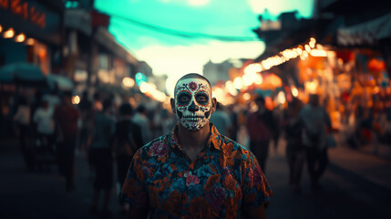 Obraz premium Vibrant celebration of Dia de los Muertos in a lively market atmosphere