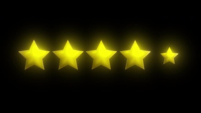 5 Glowing Gold Stars Rating Animation with Deep Glow Effect on Green Screen and Black Background