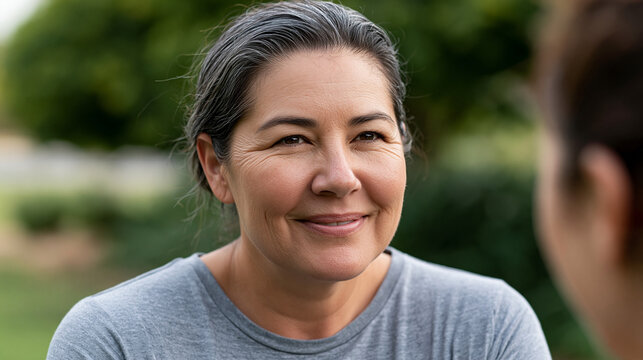 Smiling mature multiracial woman with gray hair looking and listening to someone, showing empathy, happiness, and kindness outdoors in a park scene