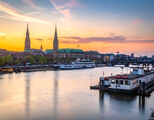 Fototapeta premium A serene harbor at sunset with boats and historic architecture