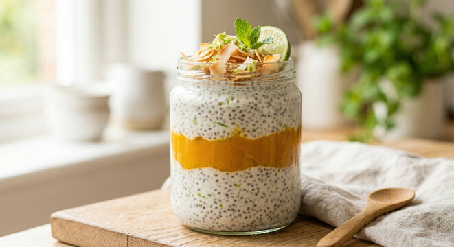 Coconut and lime chia pudding with mango puree