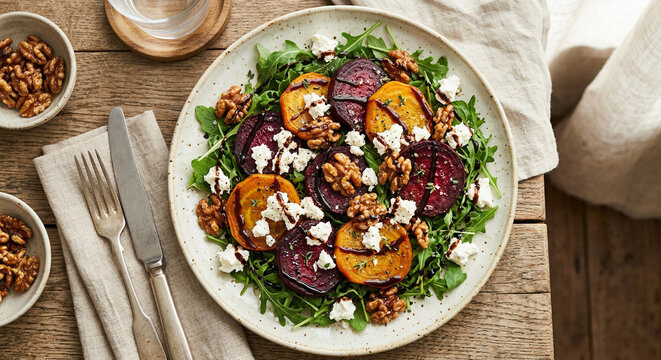 Roasted beetroot and goats cheese salad with walnuts and balsamic