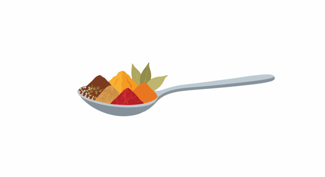 Spoonful of colorful spices and herbs with leaves