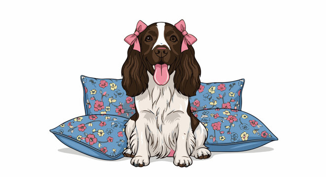 Adorable springer spaniel puppy wearing pink bows sits on floral pillows