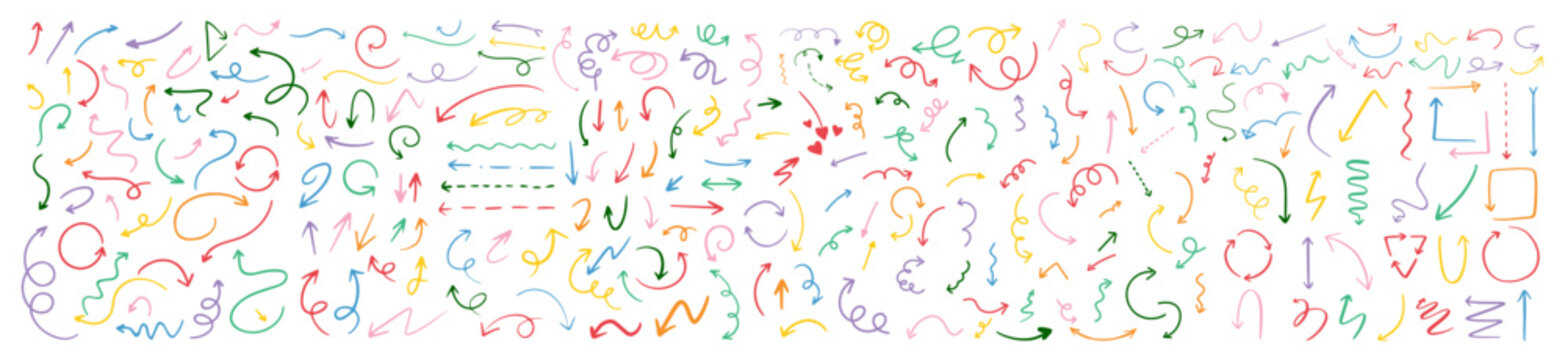 Set of colorful hand drawn doodle arrows and swirls. Curly multicolor arrow icons on white background.