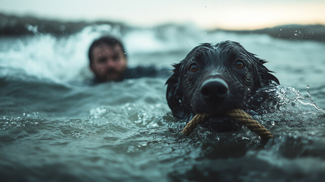 Dog retrieves rope while man swims in calm water during sunset