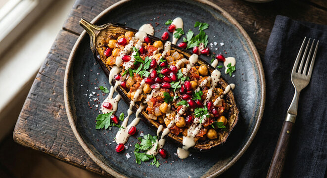 Roasted aubergine stuffed with spiced chickpeas and tomato filling