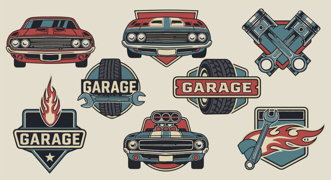 Collection of vintage garage emblems featuring classic cars, tires, and tools