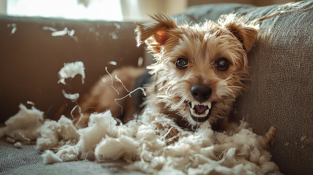 Dog playfully chews on cushion stuffing in cozy living room setting